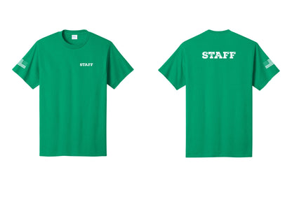 NYC Factory Staff T-Shirt, Rustic Lettering - Chest + Back + US Flag Sleeve - Kelly