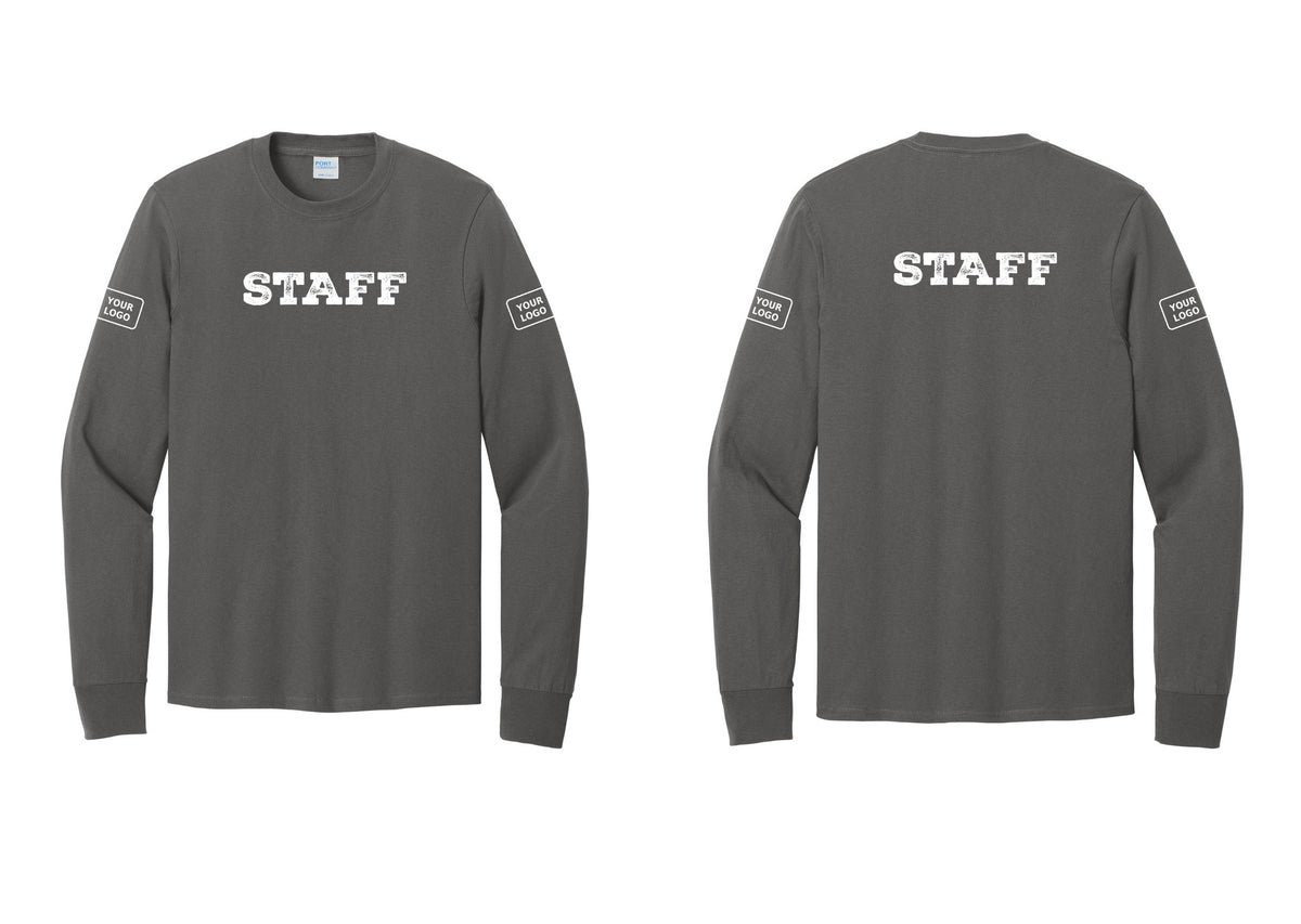 NYC Factory Custom Logo Staff Cotton Long Sleeve T-Shirt (Rustic) - Front + Back + Your Logo Sleeves - Charcoal