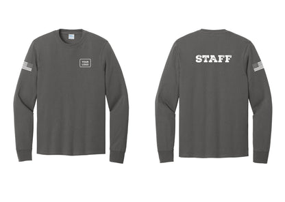 NYC Factory Custom Logo Staff Cotton Long Sleeve T-Shirt (Rustic) - Your Logo + Back + US Flag Sleeve - Charcoal