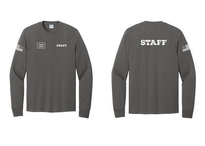 NYC Factory Custom Logo Staff Cotton Long Sleeve T-Shirt (Rustic) - STAFF + Your Logo + Back + US Flag Sleeve - Charcoal