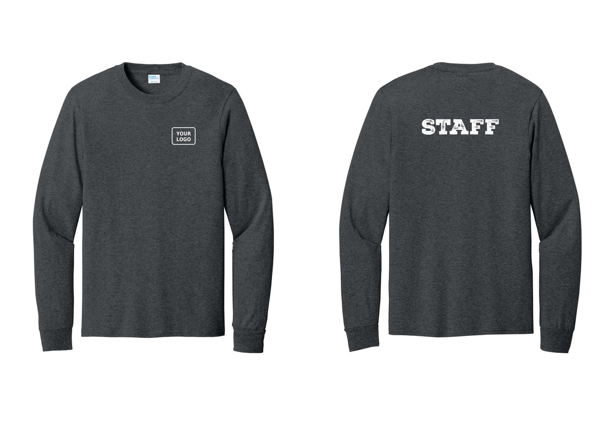 NYC Factory Custom Logo Staff Cotton Long Sleeve T-Shirt (Rustic) - Your Logo + Back - Dark Heather Grey