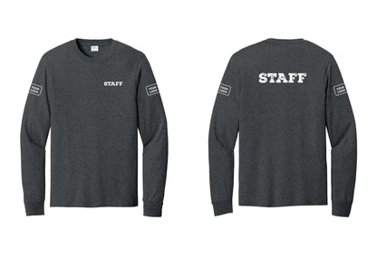 NYC Factory Custom Logo Staff Cotton Long Sleeve T-Shirt (Rustic) - Chest + Back + Your Logo Sleeves - Dark Heather Grey