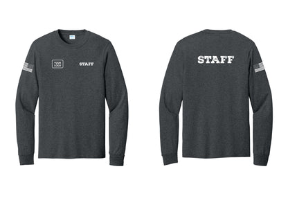 NYC Factory Custom Logo Staff Cotton Long Sleeve T-Shirt (Rustic) - STAFF + Your Logo + Back + US Flag Sleeve - Dark Heather Grey