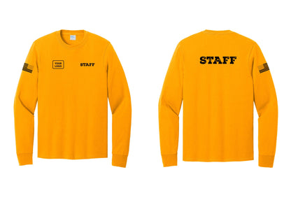 NYC Factory Custom Logo Staff Cotton Long Sleeve T-Shirt (Rustic) - STAFF + Your Logo + Back + US Flag Sleeve - Gold