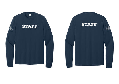 NYC Factory Custom Logo Staff Cotton Long Sleeve T-Shirt (Rustic) - Front + Back + Your Logo Sleeve - Navy