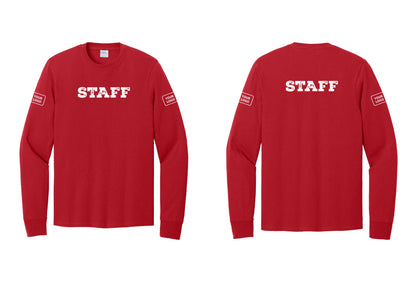 NYC Factory Custom Logo Staff Cotton Long Sleeve T-Shirt (Rustic) - Front + Back + Your Logo Sleeves - Red