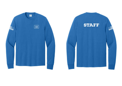 NYC Factory Custom Logo Staff Cotton Long Sleeve T-Shirt (Rustic) - Your Logo + Back + US Flag Sleeve - Royal