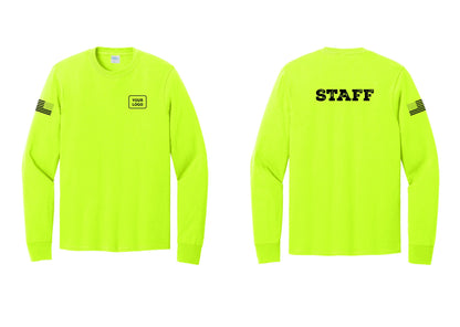 NYC Factory Custom Logo Staff Cotton Long Sleeve T-Shirt (Rustic) - Your Logo + Back + US Flag Sleeve - Safety Green