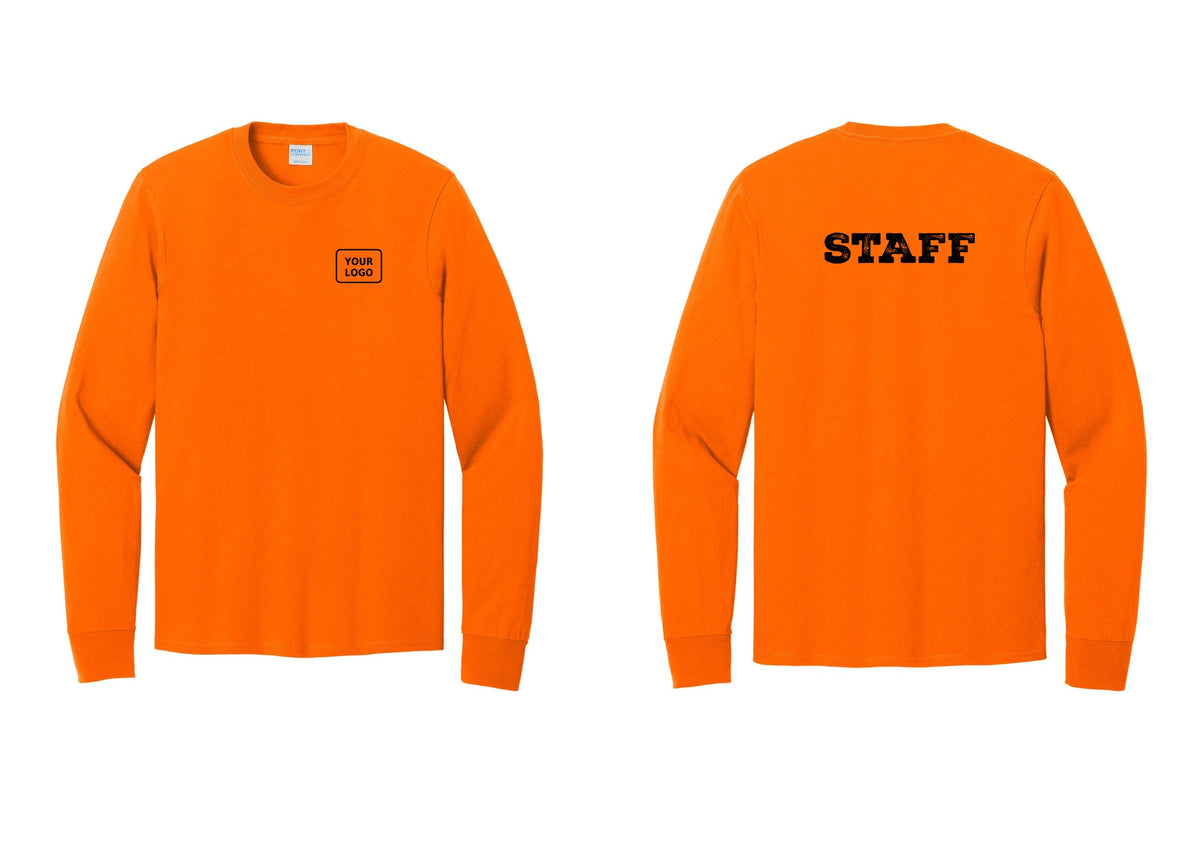 NYC Factory Custom Logo Staff Cotton Long Sleeve T-Shirt (Rustic) - Your Logo + Back - Safety Orange