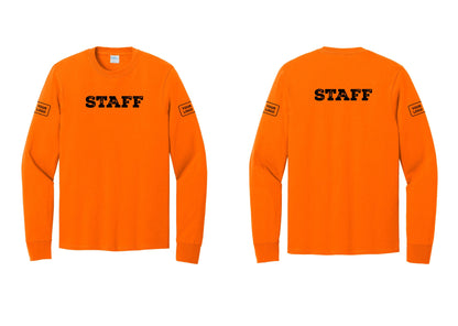 NYC Factory Custom Logo Staff Cotton Long Sleeve T-Shirt (Rustic) - Front + Back + Your Logo Sleeves - Safety Orange