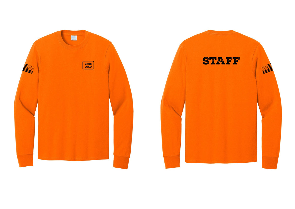 NYC Factory Custom Logo Staff Cotton Long Sleeve T-Shirt (Rustic) - Your Logo + Back + US Flag Sleeve - Safety Orange