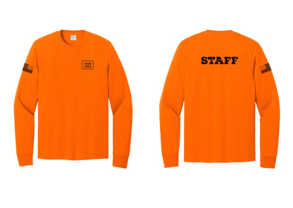 NYC Factory Custom Logo Staff Cotton Long Sleeve T-Shirt (Rustic) - Your Logo + Back + US Flag Sleeve - Safety Orange