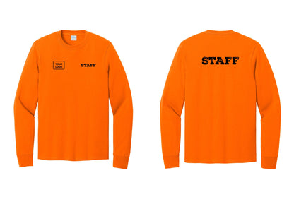 NYC Factory Custom Logo Staff Cotton Long Sleeve T-Shirt (Rustic) - STAFF + Your Logo + Back - Safety Orange