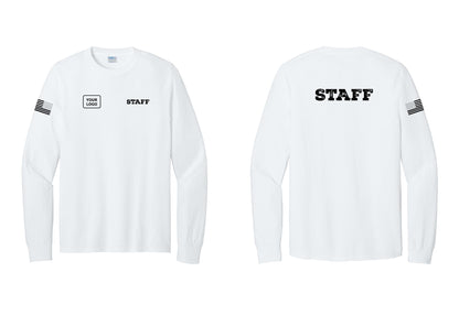 NYC Factory Custom Logo Staff Cotton Long Sleeve T-Shirt (Rustic) - STAFF + Your Logo + Back + US Flag Sleeve - White