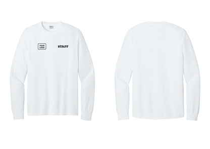 NYC Factory Custom Logo Staff Cotton Long Sleeve T-Shirt (Rustic) - STAFF + Your Logo - White