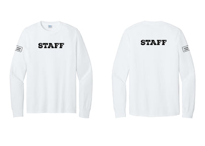 NYC Factory Custom Logo Staff Cotton Long Sleeve T-Shirt (Rustic) - Front + Back + Your Logo Sleeve - White