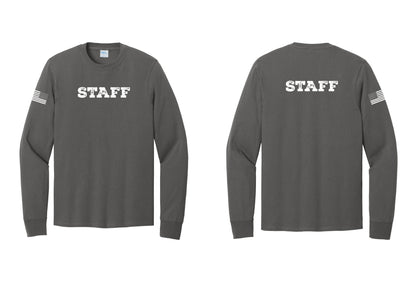 NYC Factory Staff Cotton Long Sleeve T-Shirt (Rustic) - Front + Back + US Flag Sleeve - Charcoal