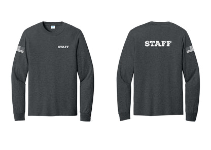 NYC Factory Staff Cotton Long Sleeve T-Shirt (Rustic) - Chest + Back + US Flag Sleeve - Dark Heather Grey