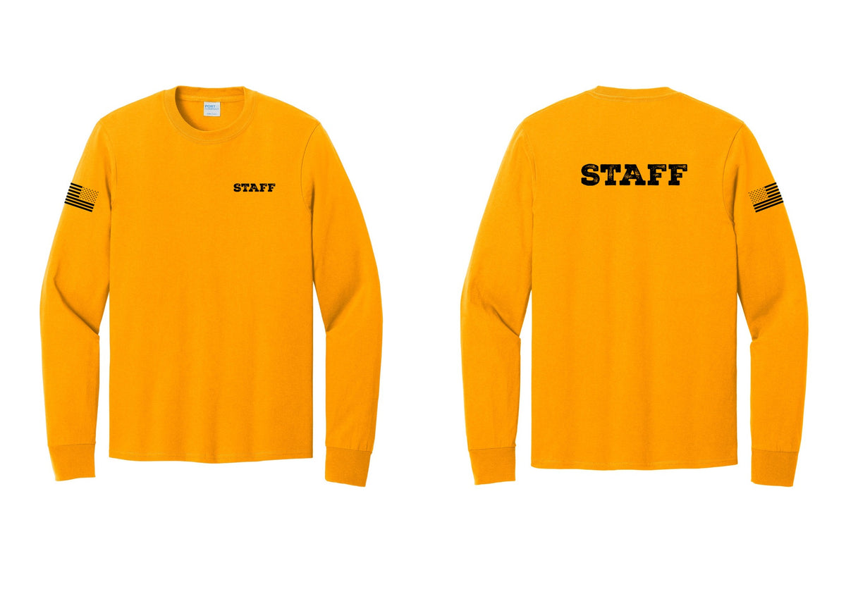 NYC Factory Staff Cotton Long Sleeve T-Shirt (Rustic) - Chest + Back + US Flag Sleeve - Gold