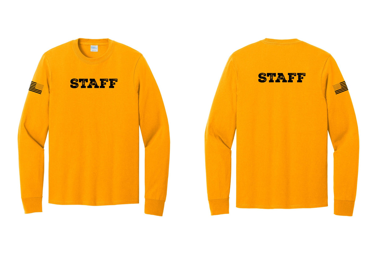 NYC Factory Staff Cotton Long Sleeve T-Shirt (Rustic) - Front + Back + US Flag Sleeve - Gold