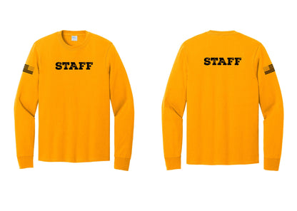 NYC Factory Staff Cotton Long Sleeve T-Shirt (Rustic) - Front + Back + US Flag Sleeve - Gold