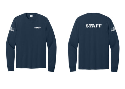 NYC Factory Staff Cotton Long Sleeve T-Shirt (Rustic) - Chest + Back + US Flag Sleeve - Navy