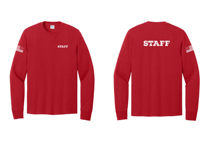 NYC Factory Staff Cotton Long Sleeve T-Shirt (Rustic) - Chest + Back + US Flag Sleeve - Red