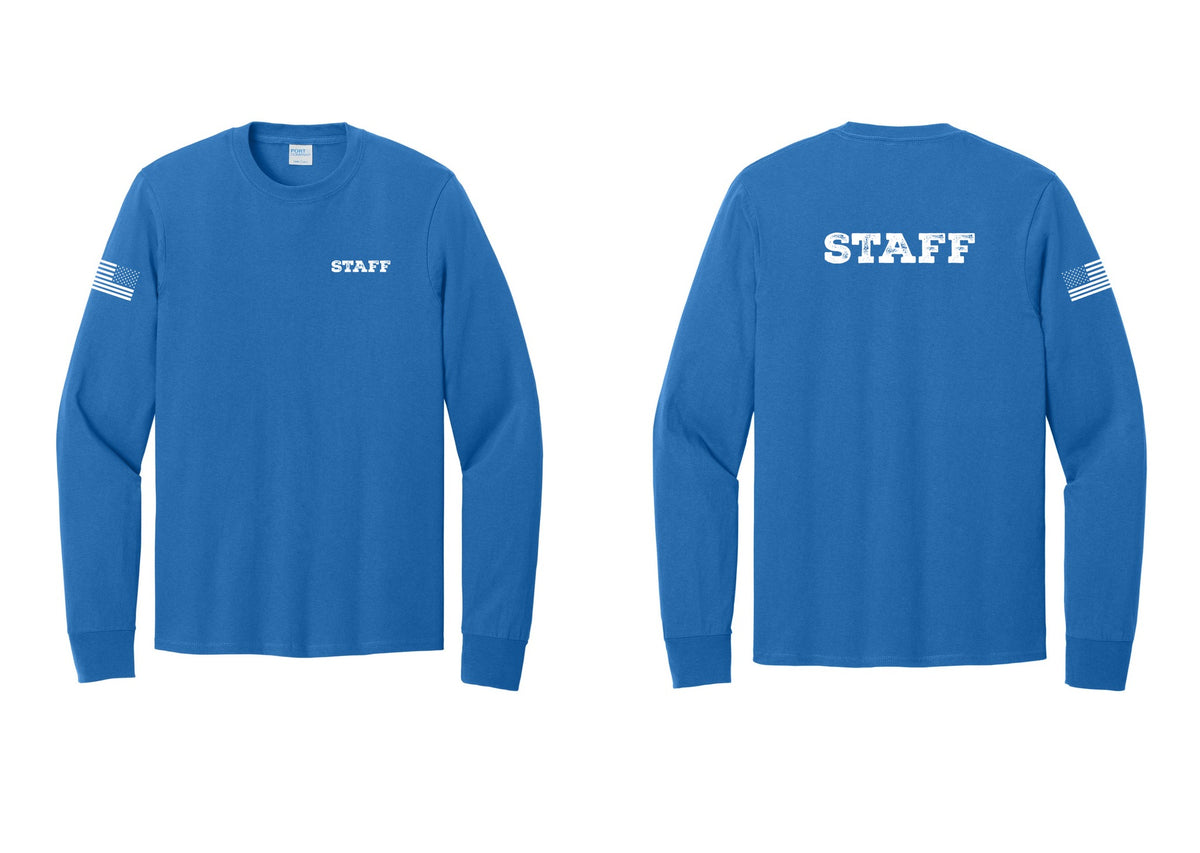 NYC Factory Staff Cotton Long Sleeve T-Shirt (Rustic) - Chest + Back + US Flag Sleeve - Royal