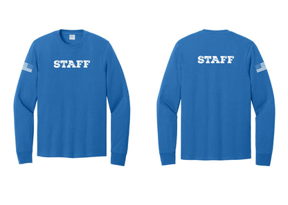 NYC Factory Staff Cotton Long Sleeve T-Shirt (Rustic) - Front + Back + US Flag Sleeve - Royal