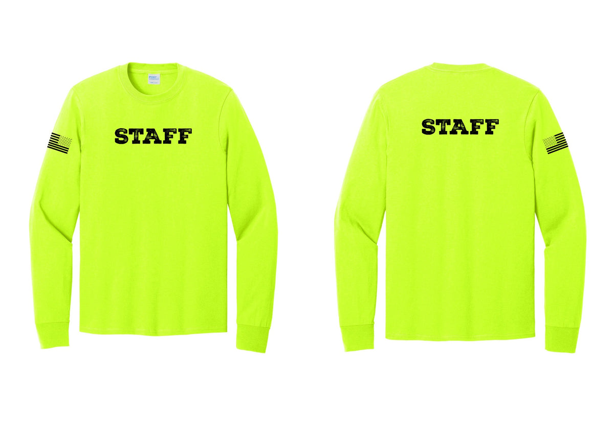NYC Factory Staff Cotton Long Sleeve T-Shirt (Rustic) - Front + Back + US Flag Sleeve - Safety Green