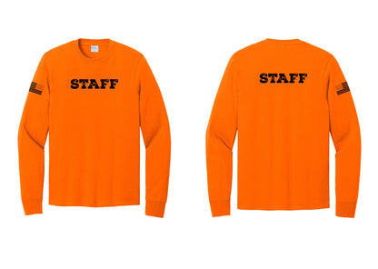 NYC Factory Staff Cotton Long Sleeve T-Shirt (Rustic) - Front + Back + US Flag Sleeve - Safety Orange