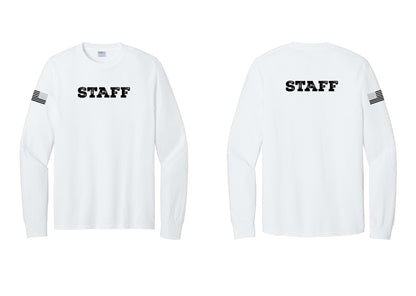 NYC Factory Staff Cotton Long Sleeve T-Shirt (Rustic) - Front + Back + US Flag Sleeve - White