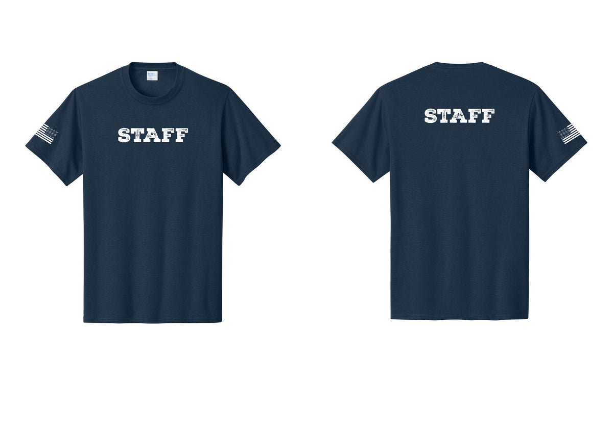 NYC Factory Staff T-Shirt, Rustic Lettering - Front + Back + US Flag Sleeve - Navy