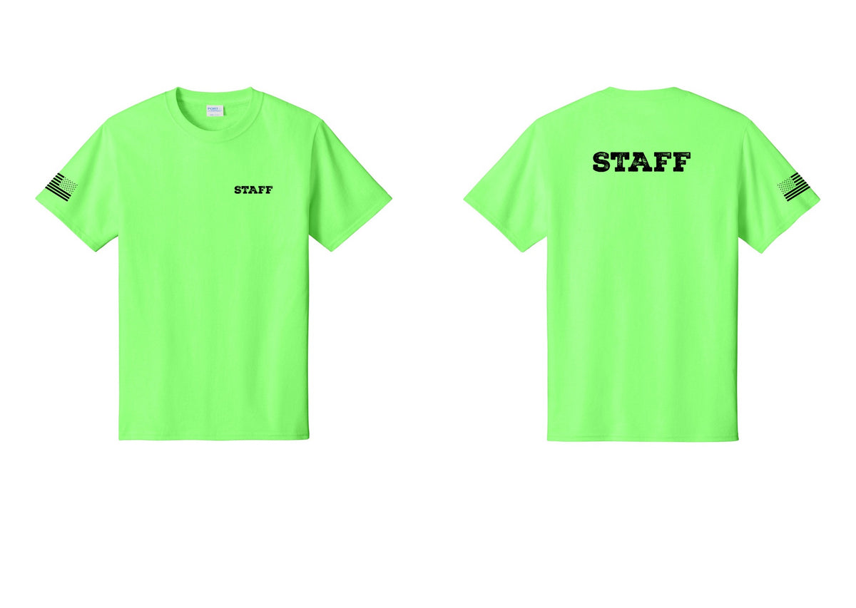 NYC Factory Staff T-Shirt, Rustic Lettering - Chest + Back + US Flag Sleeve - Neon Green