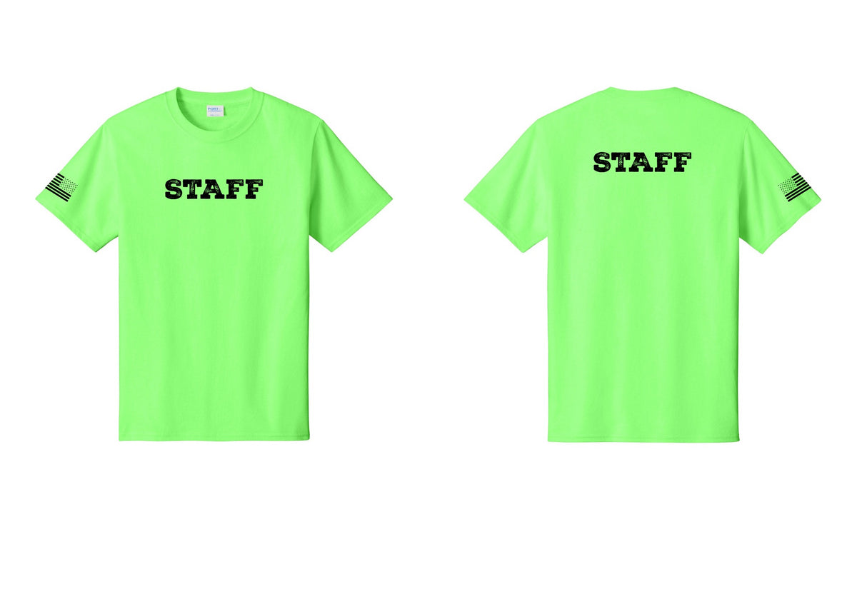 NYC Factory Staff T-Shirt, Rustic Lettering - Front + Back + US Flag Sleeve - Neon Green