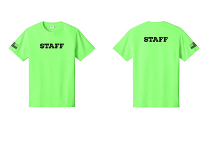 NYC Factory Staff T-Shirt, Rustic Lettering - Front + Back + US Flag Sleeve - Neon Green