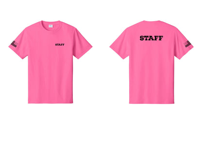NYC Factory Staff T-Shirt, Rustic Lettering - Chest + Back + US Flag Sleeve - Neon Pink