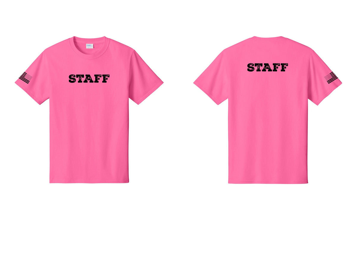 NYC Factory Staff T-Shirt, Rustic Lettering - Front + Back + US Flag Sleeve - Neon Pink