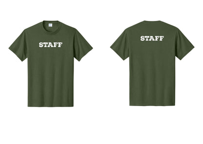 NYC Factory Staff T-Shirt, Rustic Lettering - Front + Back - Olive