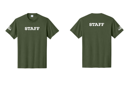 NYC Factory Staff T-Shirt, Rustic Lettering - Front + Back + US Flag Sleeve - Olive