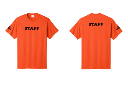 NYC Factory Staff T-Shirt, Rustic Lettering - Front + Back + US Flag Sleeve - Orange