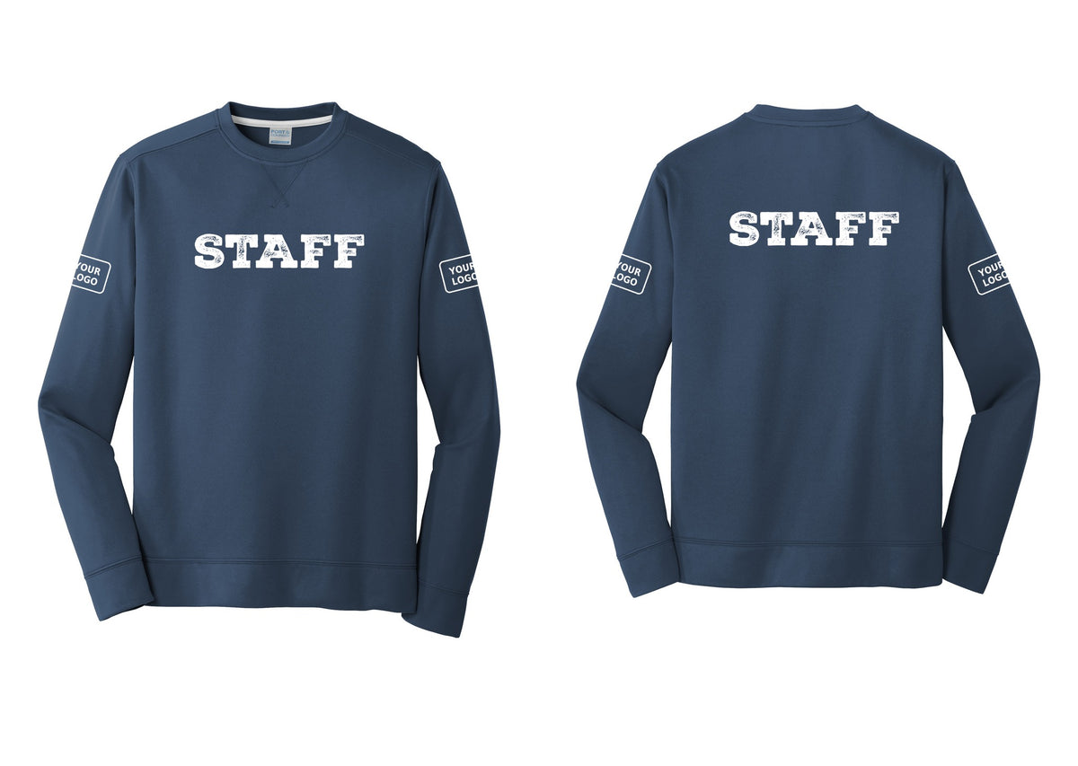 NYC Factory Custom Logo Staff Performance Fleece Crewneck Sweatshirt (Rustic) - Front + Back + Your Logo Sleeves - Navy