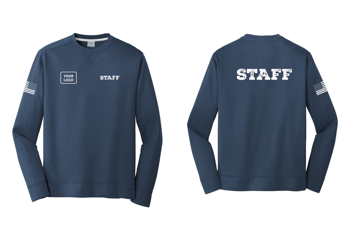 NYC Factory Custom Logo Staff Performance Fleece Crewneck Sweatshirt (Rustic) - STAFF + Your Logo + Back + US Flag Sleeve - Navy
