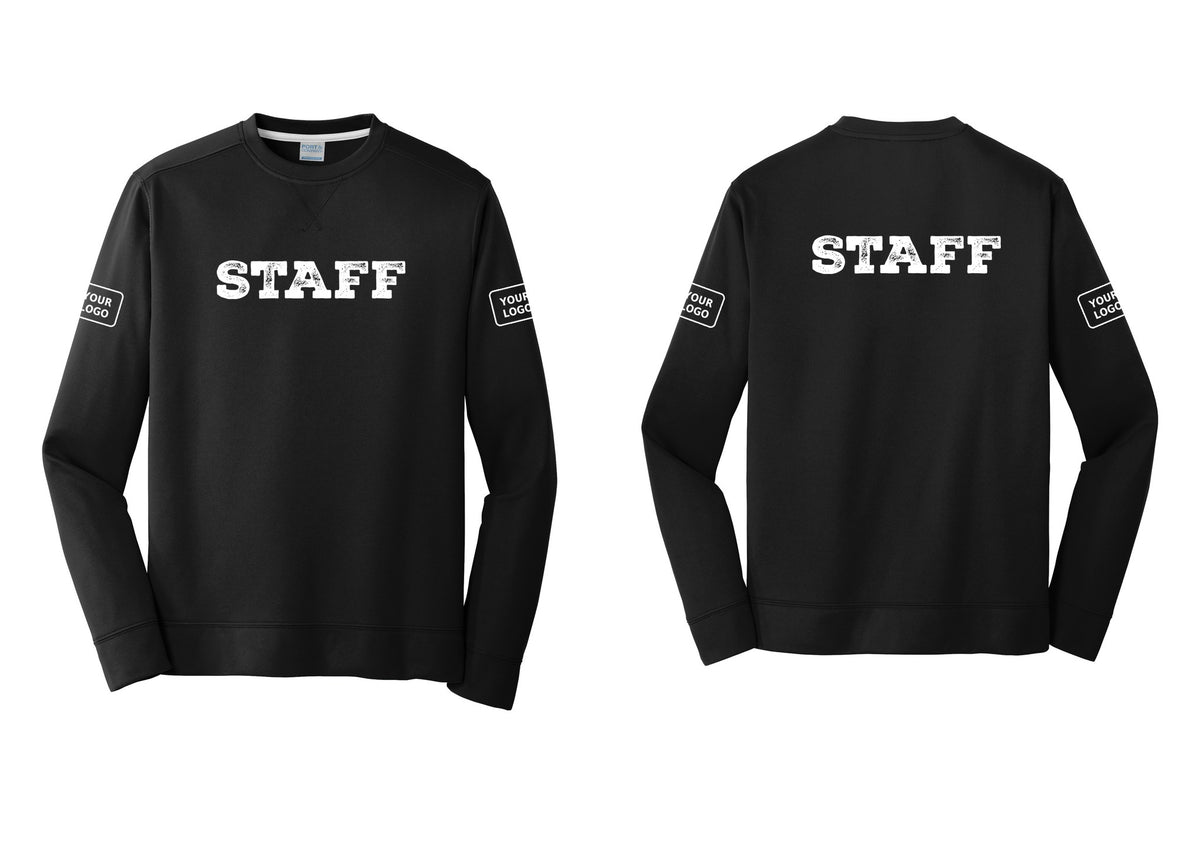 NYC Factory Custom Logo Staff Performance Fleece Crewneck Sweatshirt (Rustic) - Front + Back + Your Logo Sleeves - Black