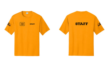 NYC Factory Custom Logo Staff Performance T-Shirt (Rustic) - STAFF + Your Logo + Back + US Flag Sleeve - Gold