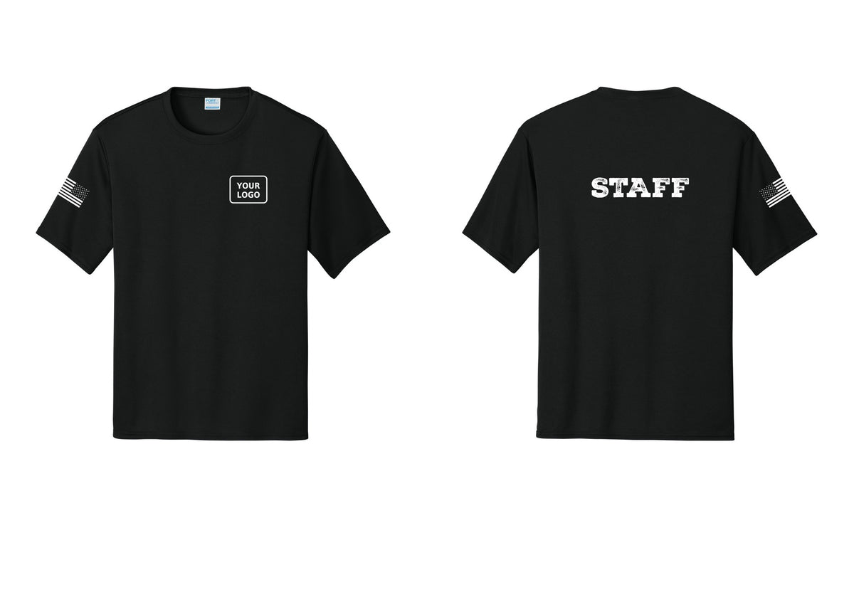 NYC Factory Custom Logo Staff Performance T-Shirt (Rustic) - Your Logo + Back + US Flag Sleeve - Black