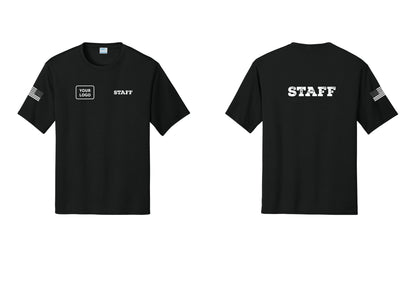 NYC Factory Custom Logo Staff Performance T-Shirt (Rustic) - STAFF + Your Logo + Back + US Flag Sleeve - Black