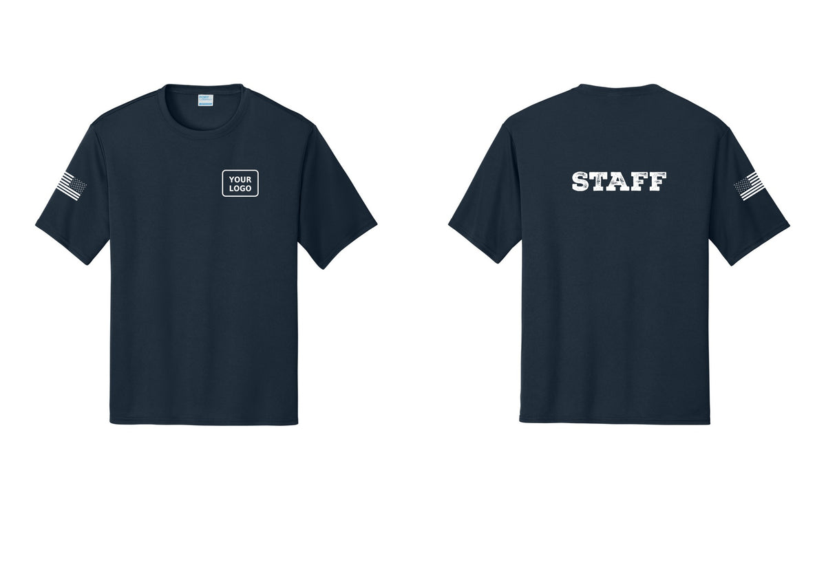 NYC Factory Custom Logo Staff Performance T-Shirt (Rustic) - Your Logo + Back + US Flag Sleeve - Navy