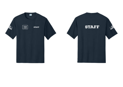 NYC Factory Custom Logo Staff Performance T-Shirt (Rustic) - STAFF + Your Logo + Back + US Flag Sleeve - Navy