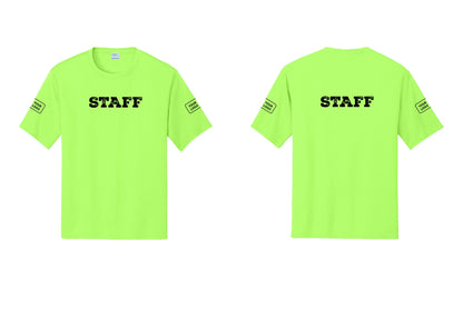 NYC Factory Custom Logo Staff Performance T-Shirt (Rustic) - Front + Back + Your Logo Sleeves - Neon Green